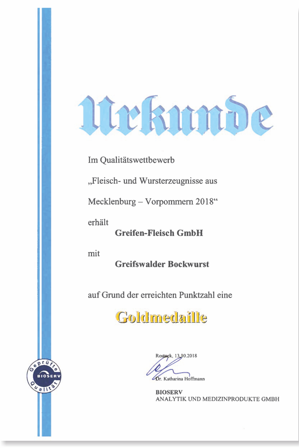 Wettbewerb Urkunde Greifswalder Bockwurst